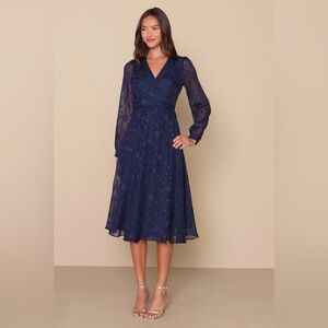 Lulu's Evening of Elegance Navy Blue Floral Jacquard Wrap Midi Dress